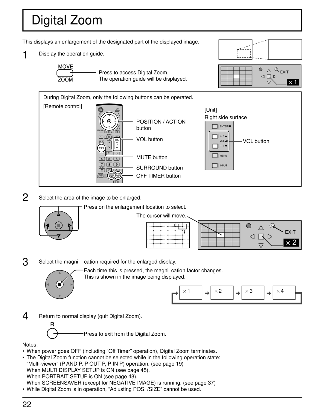 Panasonic 103PF12U manual Digital Zoom, Display the operation guide, Select the area of the image to be enlarged 