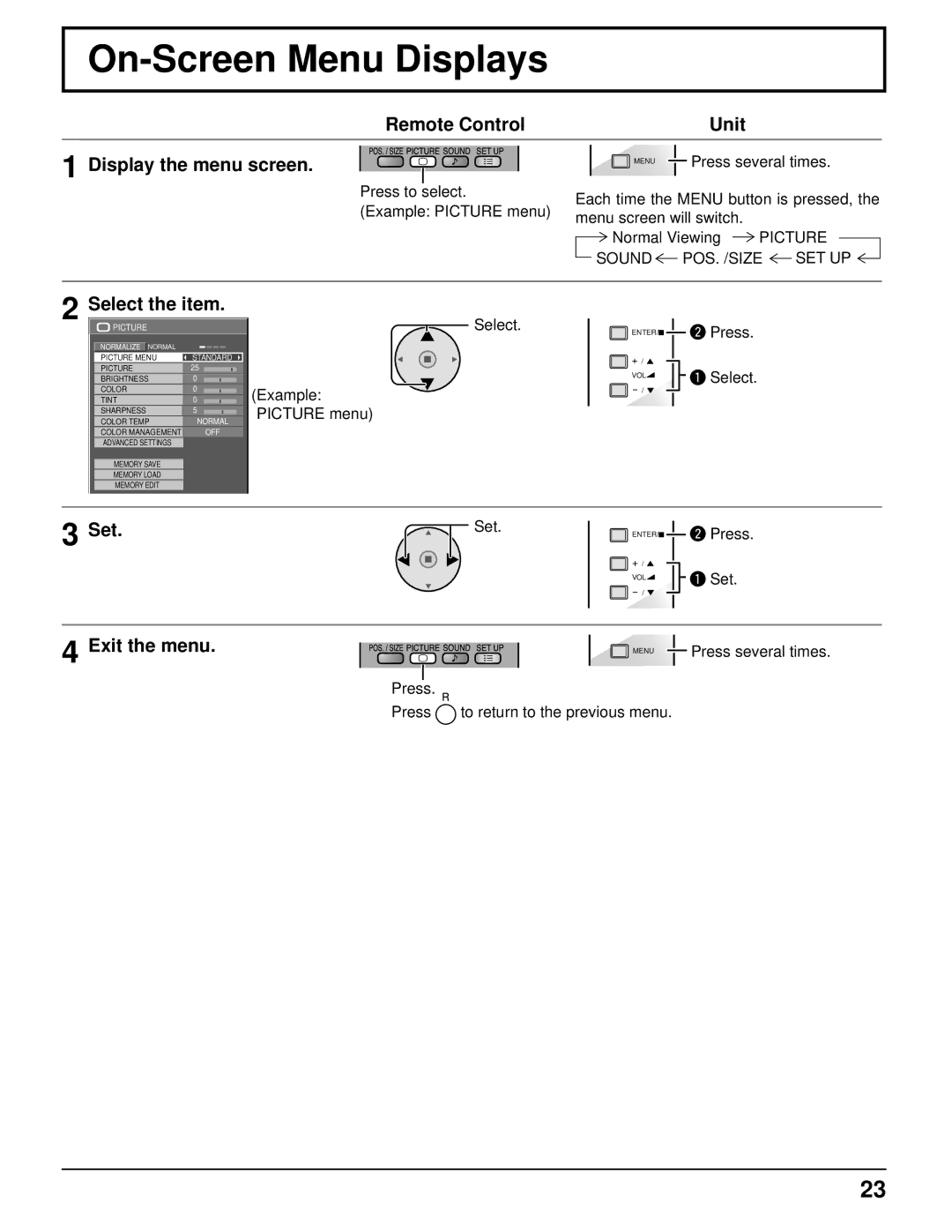 Panasonic 103PF12U manual On-Screen Menu Displays, Remote Control Unit Display the menu screen, Select the item, Set 