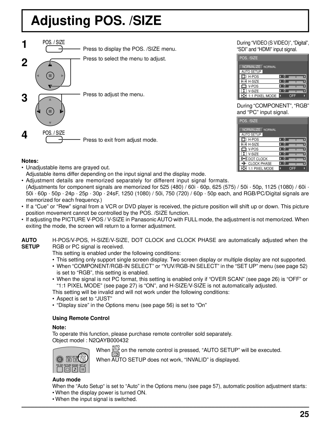 Panasonic 103PF12U manual Adjusting POS. /SIZE, Using Remote Control, Auto mode 