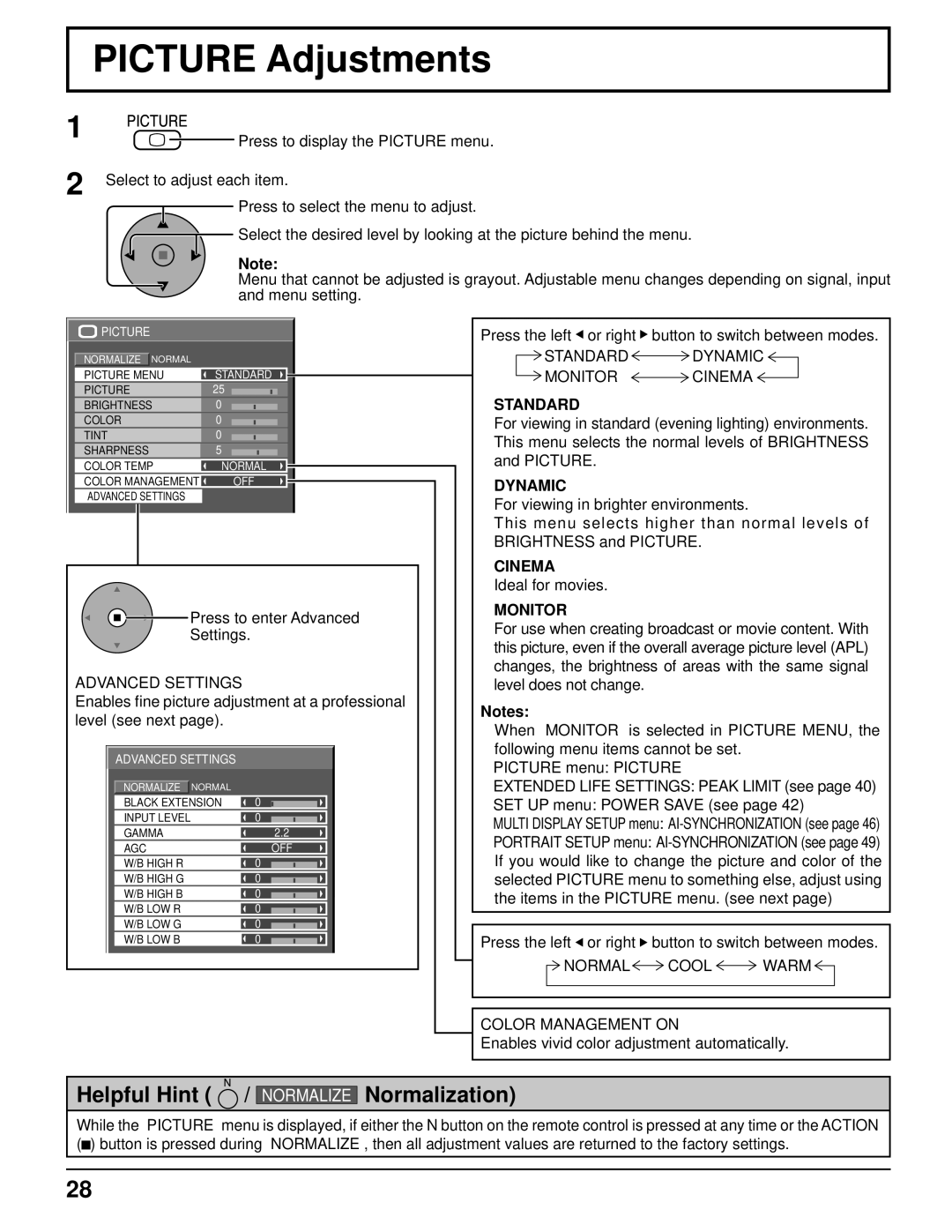 Panasonic 103PF12U manual Picture Adjustments, Standard, Dynamic, Cinema, Monitor 