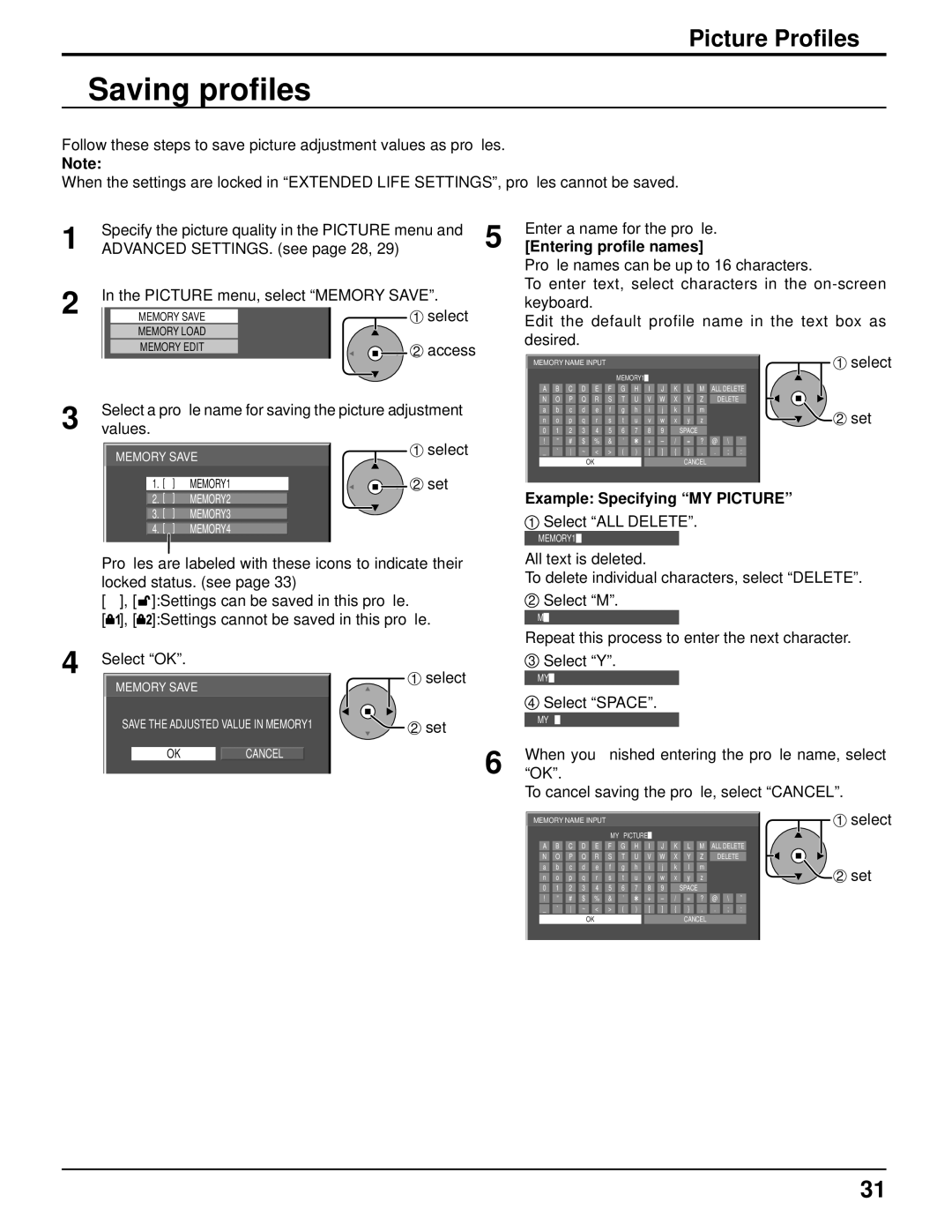 Panasonic 103PF12U manual Saving proﬁles, Picture Proﬁles 