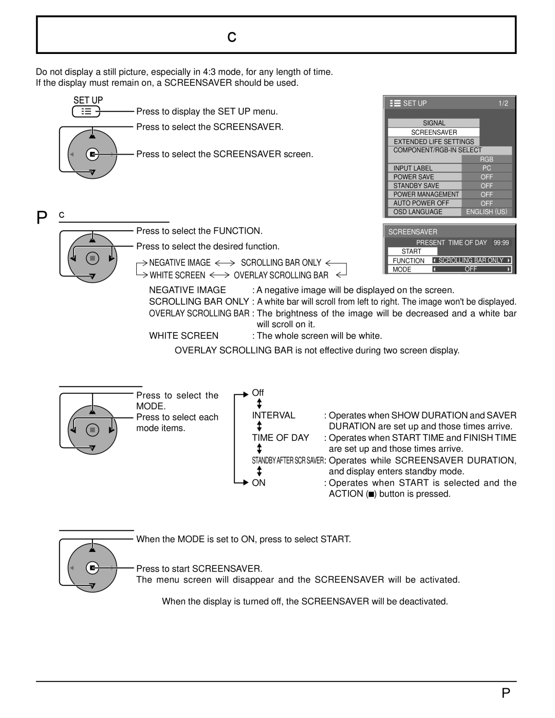 Panasonic 103PF12U manual Screensaver For preventing image retention, Function selection, Mode selection, Start setting 