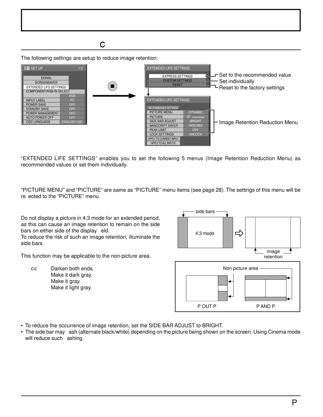 Panasonic 103PF12U Reduces screen image retention, Extended Life Settings, Image Retention Reduction Menu, Picture Menu 