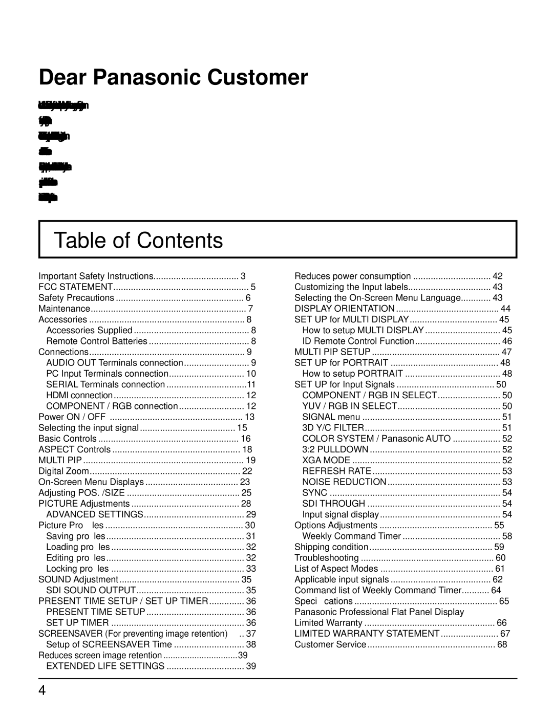 Panasonic 103PF12U manual Table of Contents 