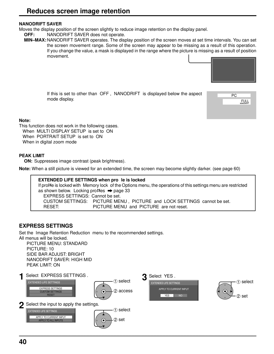 Panasonic 103PF12U manual Reduces screen image retention, Nanodrift Saver, Peak Limit, Reset 