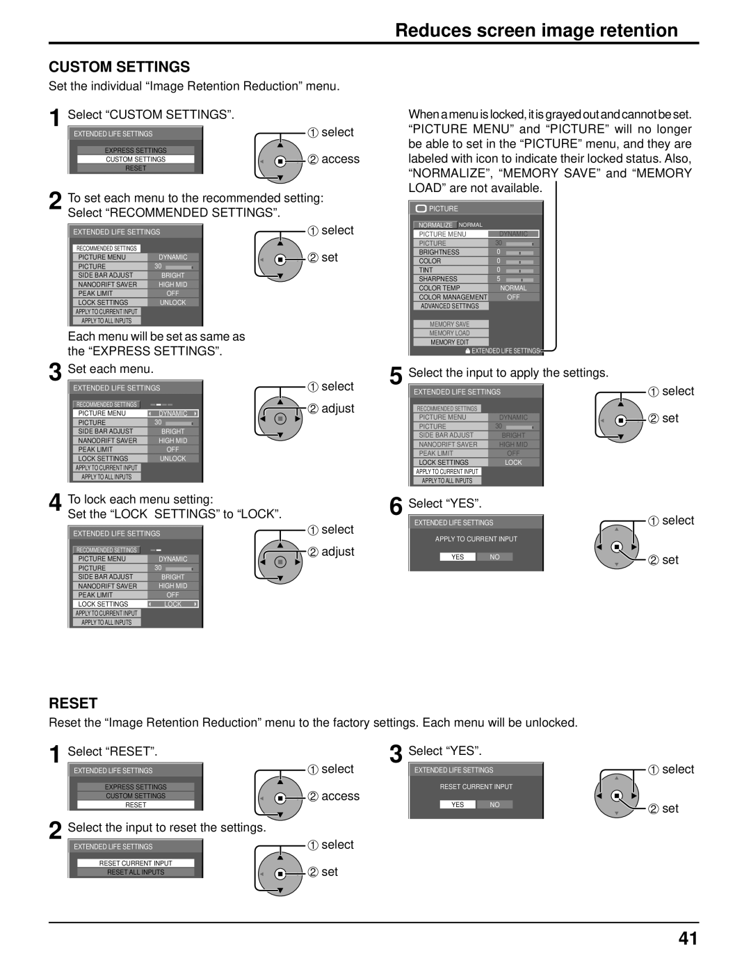 Panasonic 103PF12U manual Set each menu, Adjust, Select the input to reset the settings 