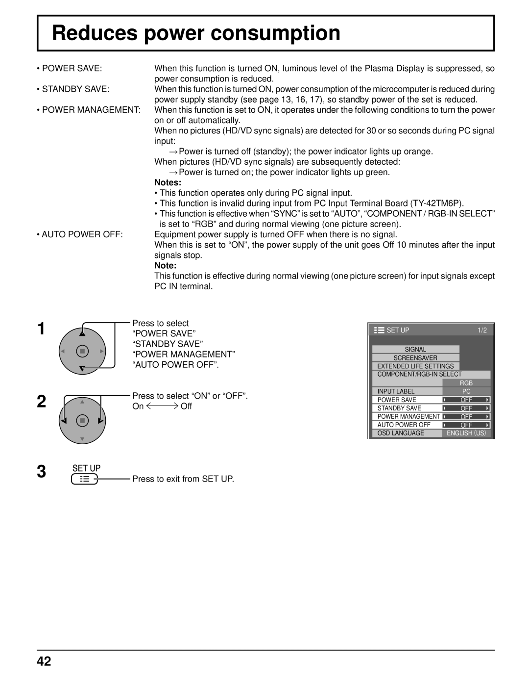 Panasonic 103PF12U manual Reduces power consumption 