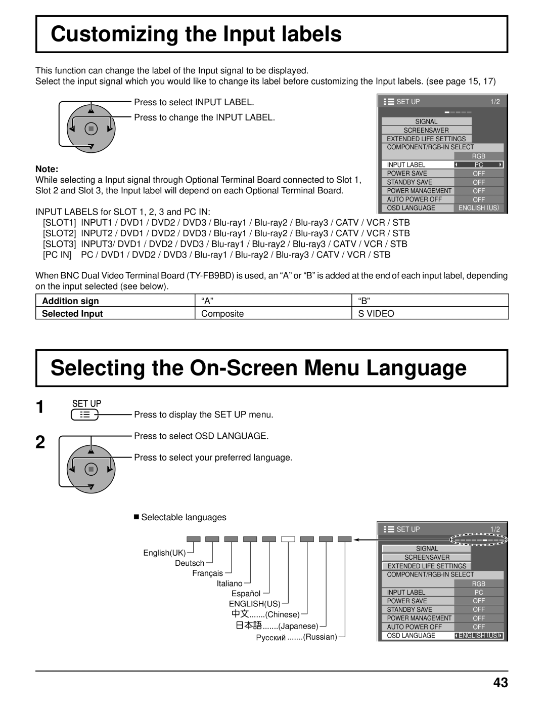 Panasonic 103PF12U manual Customizing the Input labels, Selecting the On-Screen Menu Language, SLOT3, Video 