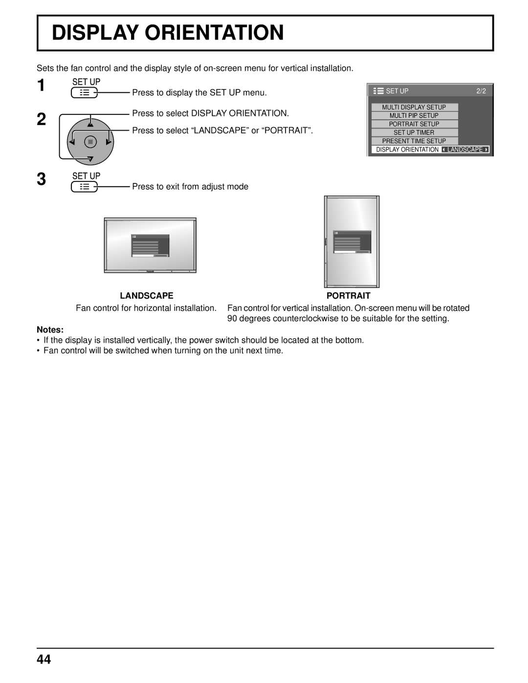 Panasonic 103PF12U manual Display Orientation, Landscape Portrait 