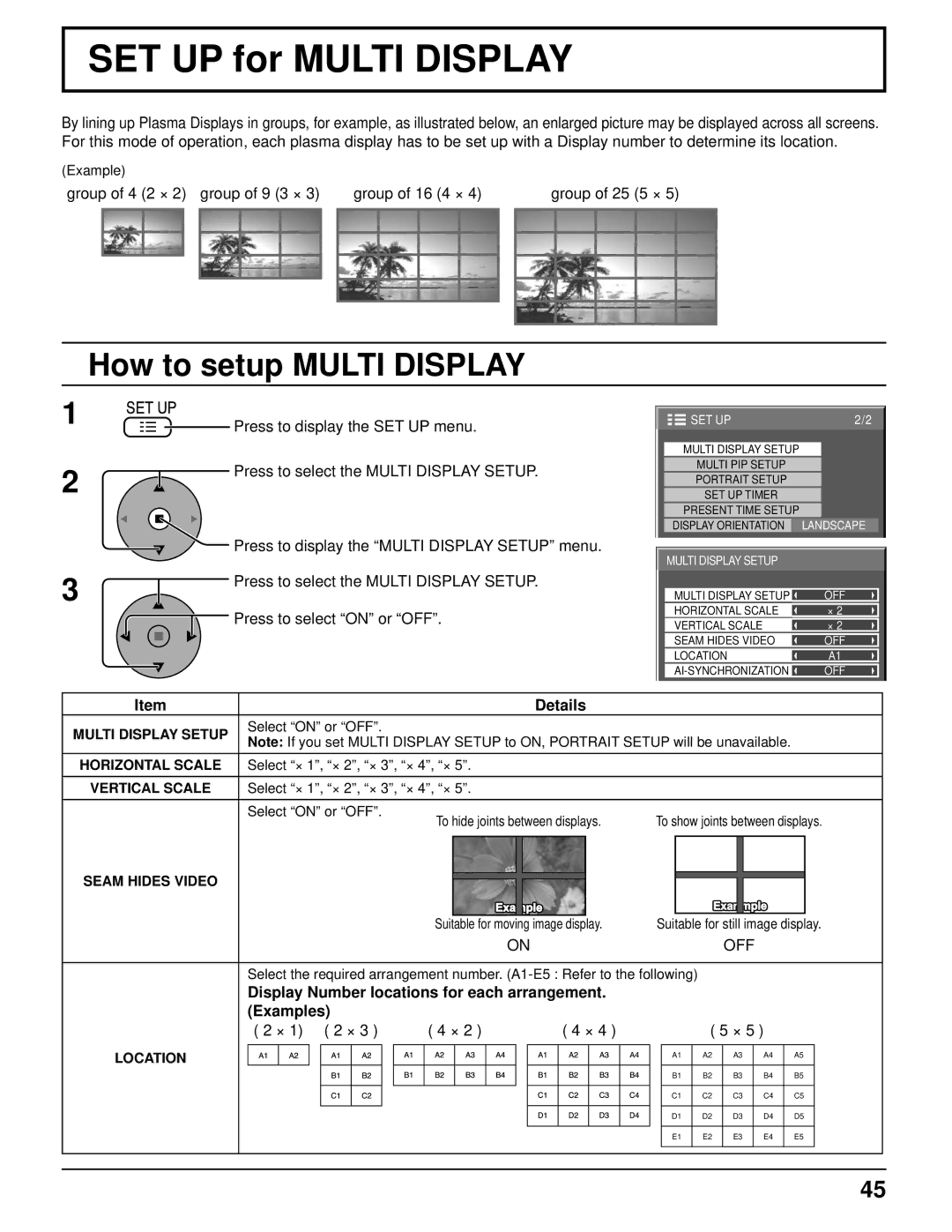 Panasonic 103PF12U manual SET UP for Multi Display, How to setup Multi Display, × 1 2 × 