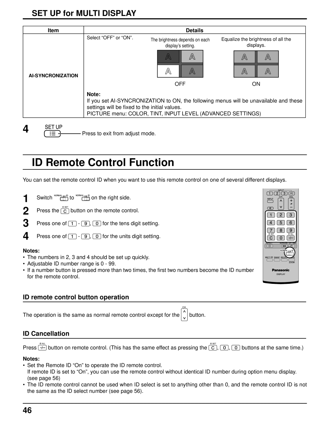 Panasonic 103PF12U manual ID Remote Control Function, SET UP for Multi Display, ID remote control button operation, Off 