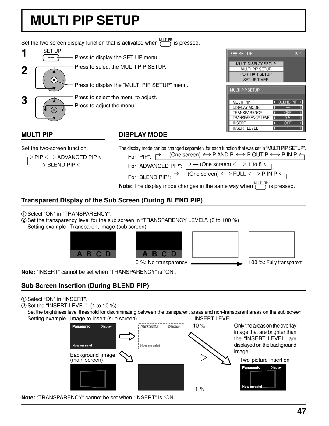 Panasonic 103PF12U manual Transparent Display of the Sub Screen During Blend PIP, Sub Screen Insertion During Blend PIP 