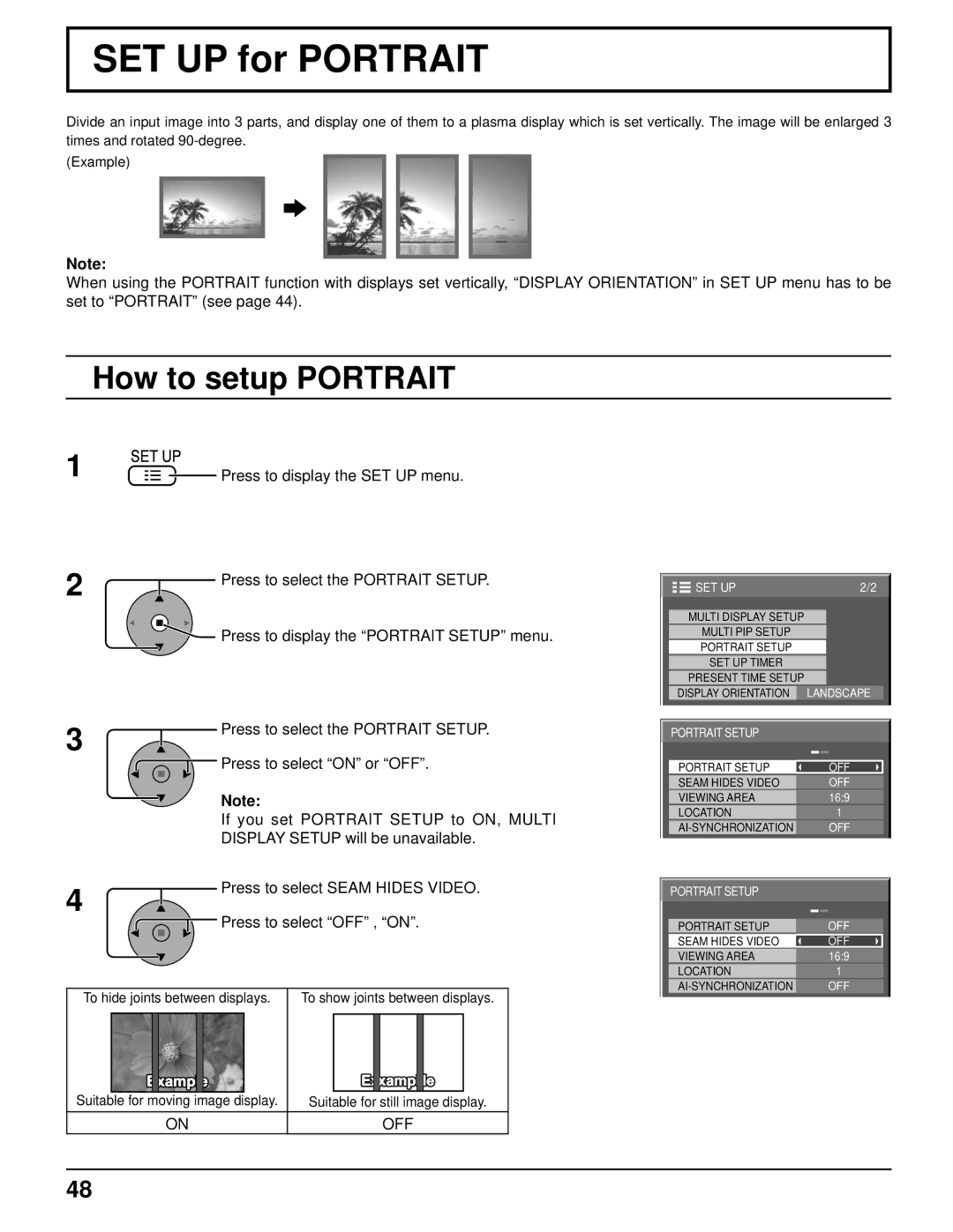 Panasonic 103PF12U manual SET UP for Portrait, How to setup Portrait 