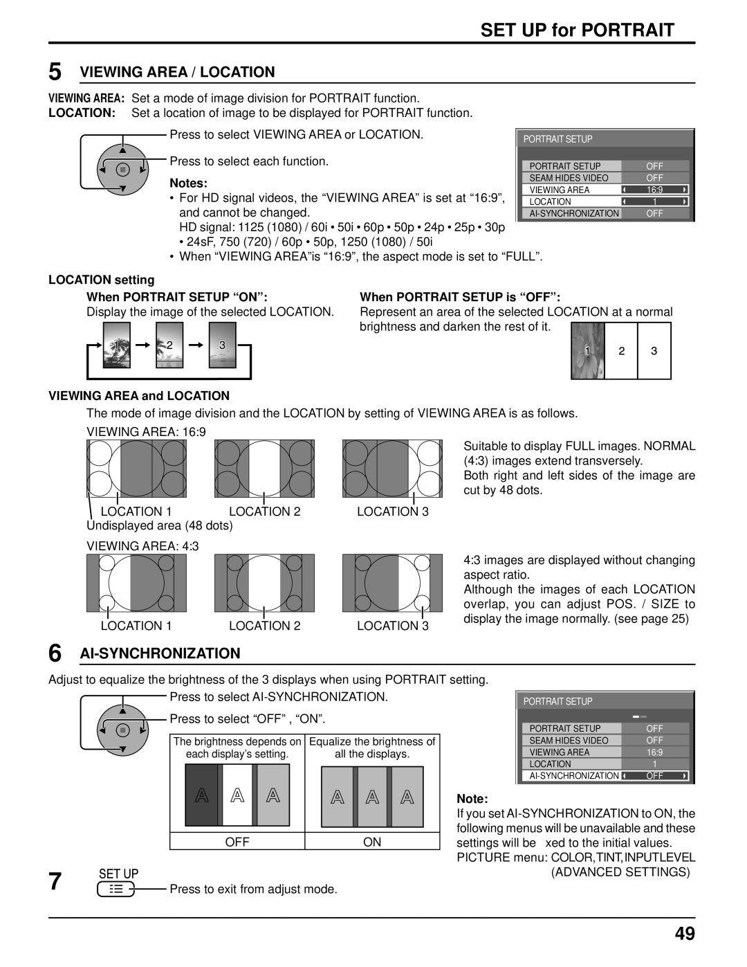 Panasonic 103PF12U manual SET UP for Portrait, Viewing Area Location 