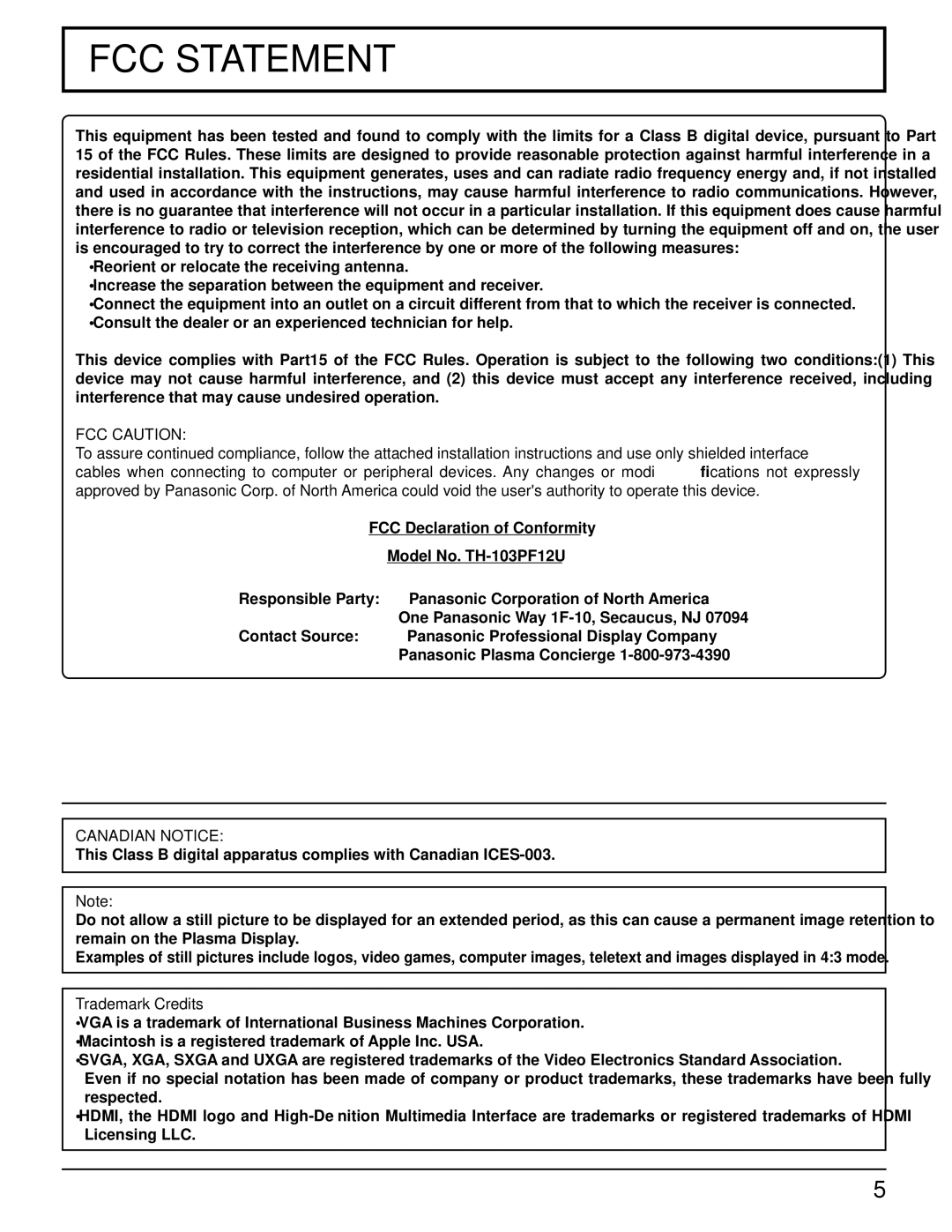 Panasonic 103PF12U manual FCC Caution, Canadian Notice, Trademark Credits 