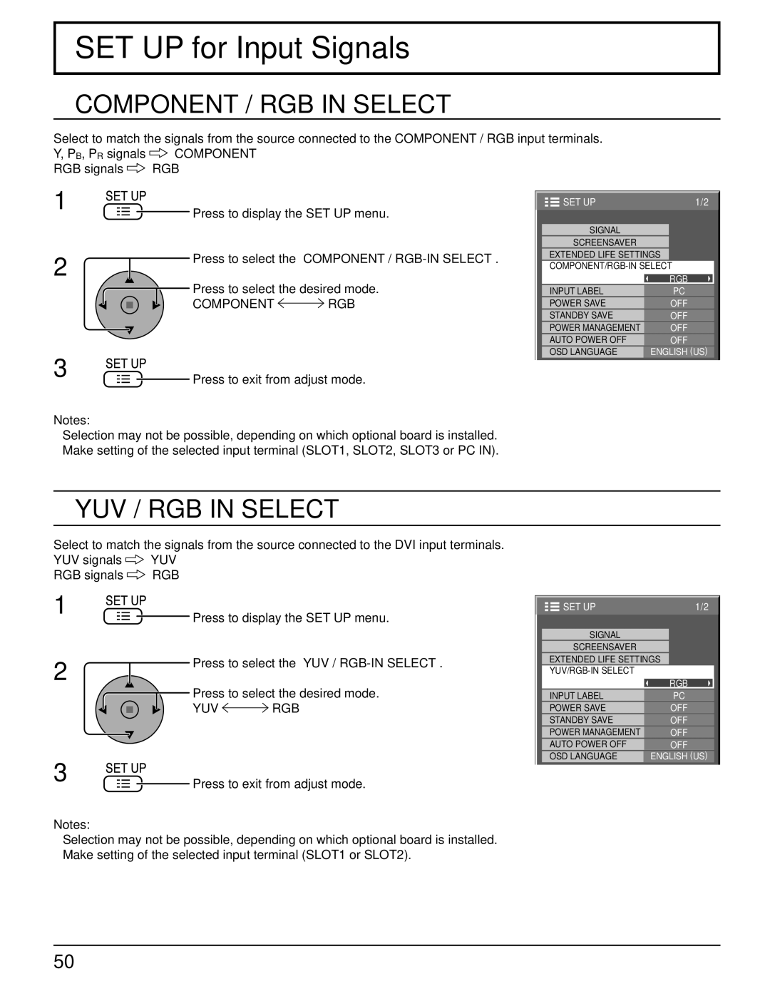 Panasonic 103PF12U manual SET UP for Input Signals, Component / RGB in Select, YUV / RGB in Select, Component RGB, Yuv Rgb 