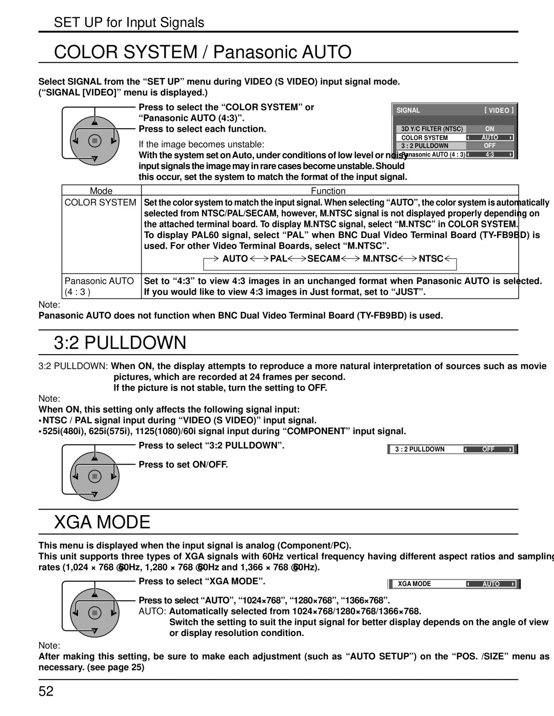 Panasonic 103PF12U manual Color System / Panasonic Auto, Pulldown, XGA Mode 