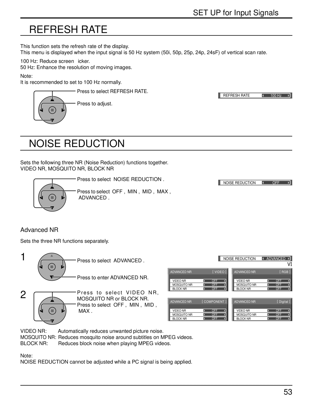 Panasonic 103PF12U manual Refresh Rate, Noise Reduction, Advanced NR, Press to adjust, Video NR, Mosquito NR, Block NR 