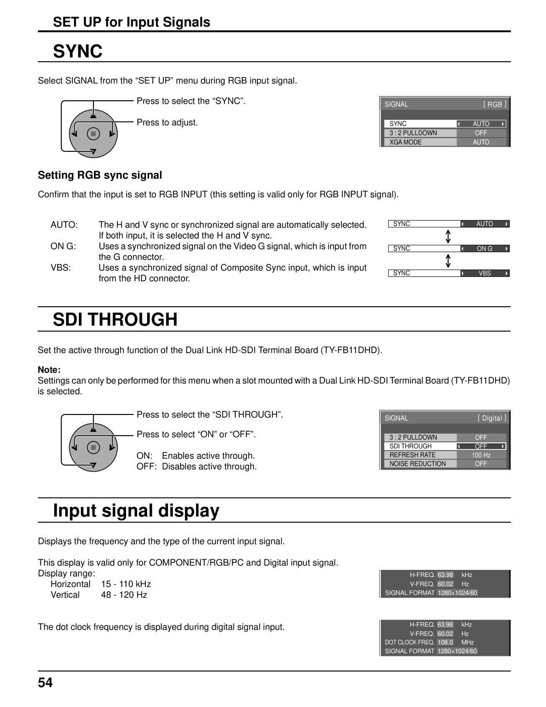 Panasonic 103PF12U manual Sync, SDI Through, Input signal display, Setting RGB sync signal 