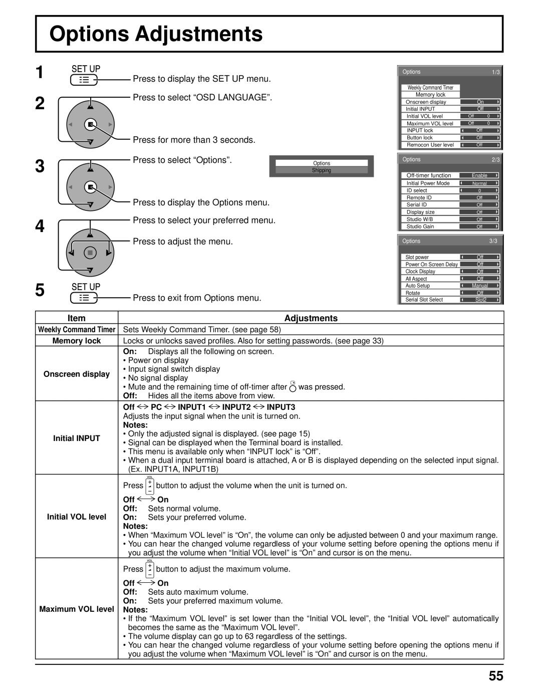 Panasonic 103PF12U manual Options Adjustments 