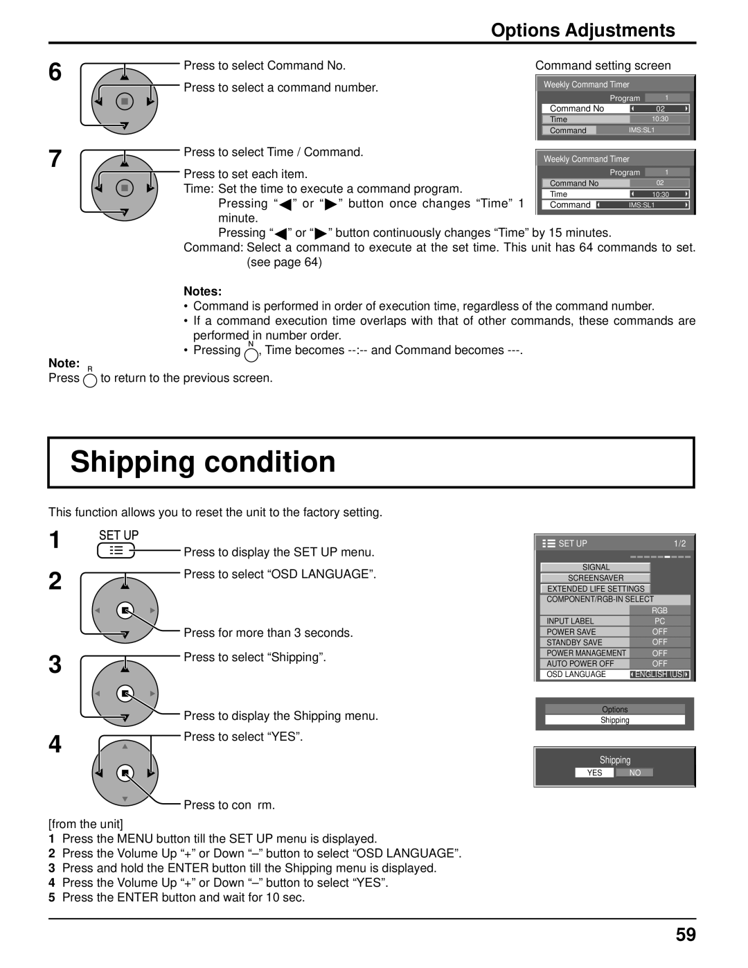 Panasonic 103PF12U manual Shipping condition 