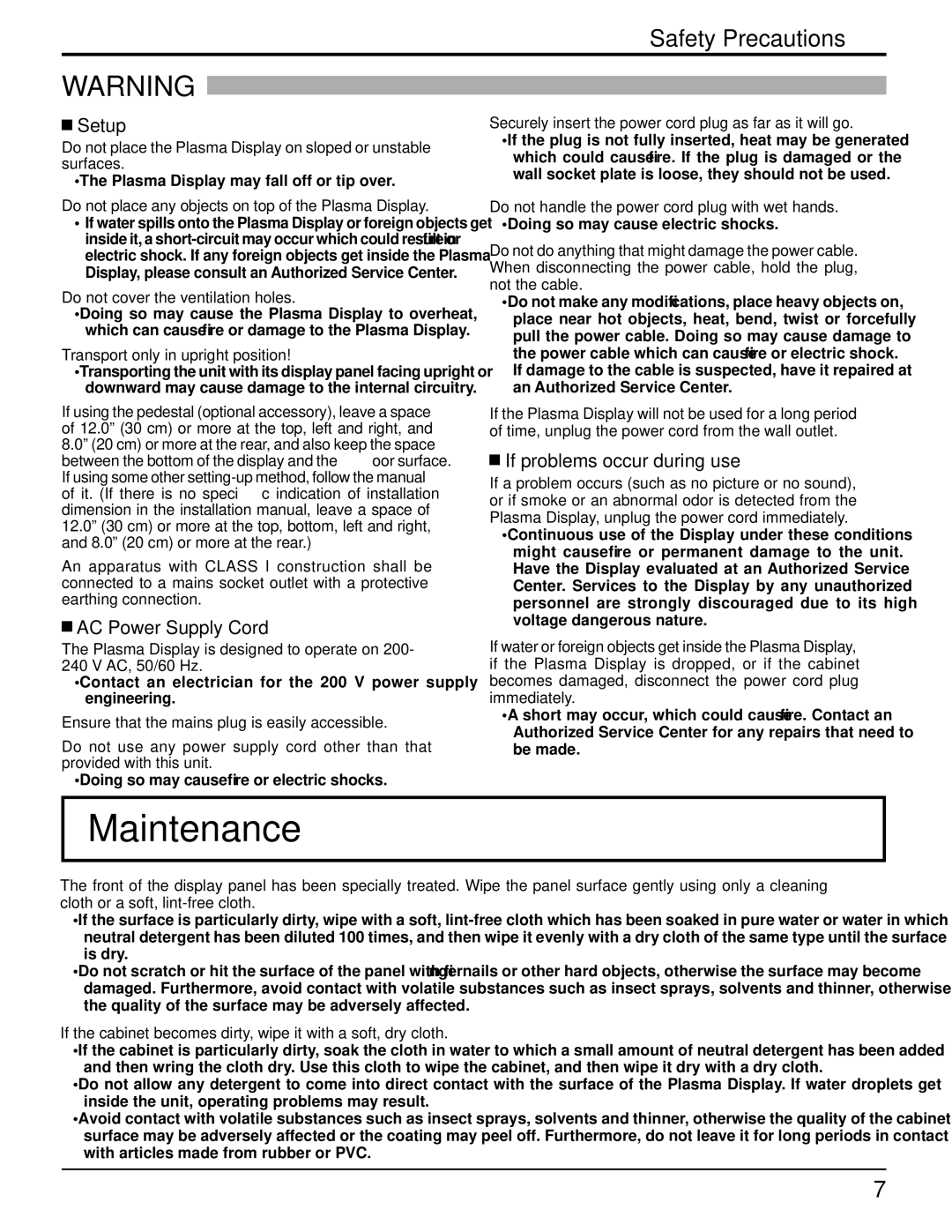 Panasonic 103PF12U manual Maintenance, Safety Precautions, Setup, AC Power Supply Cord, If problems occur during use 