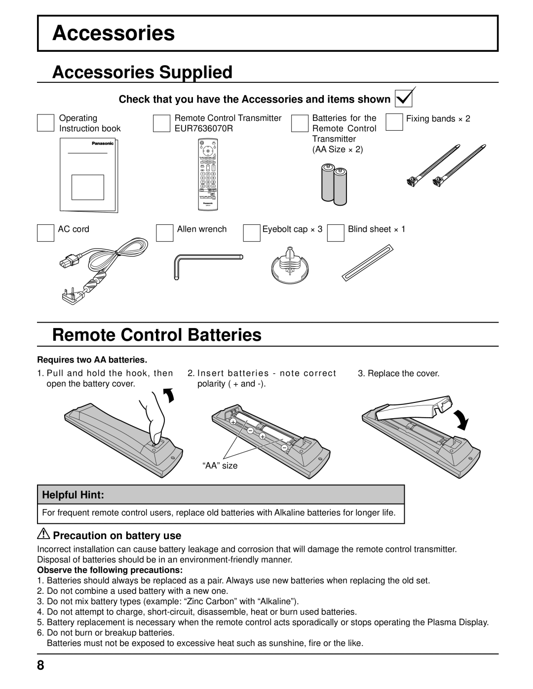 Panasonic 103PF12U manual Accessories Supplied, Remote Control Batteries 