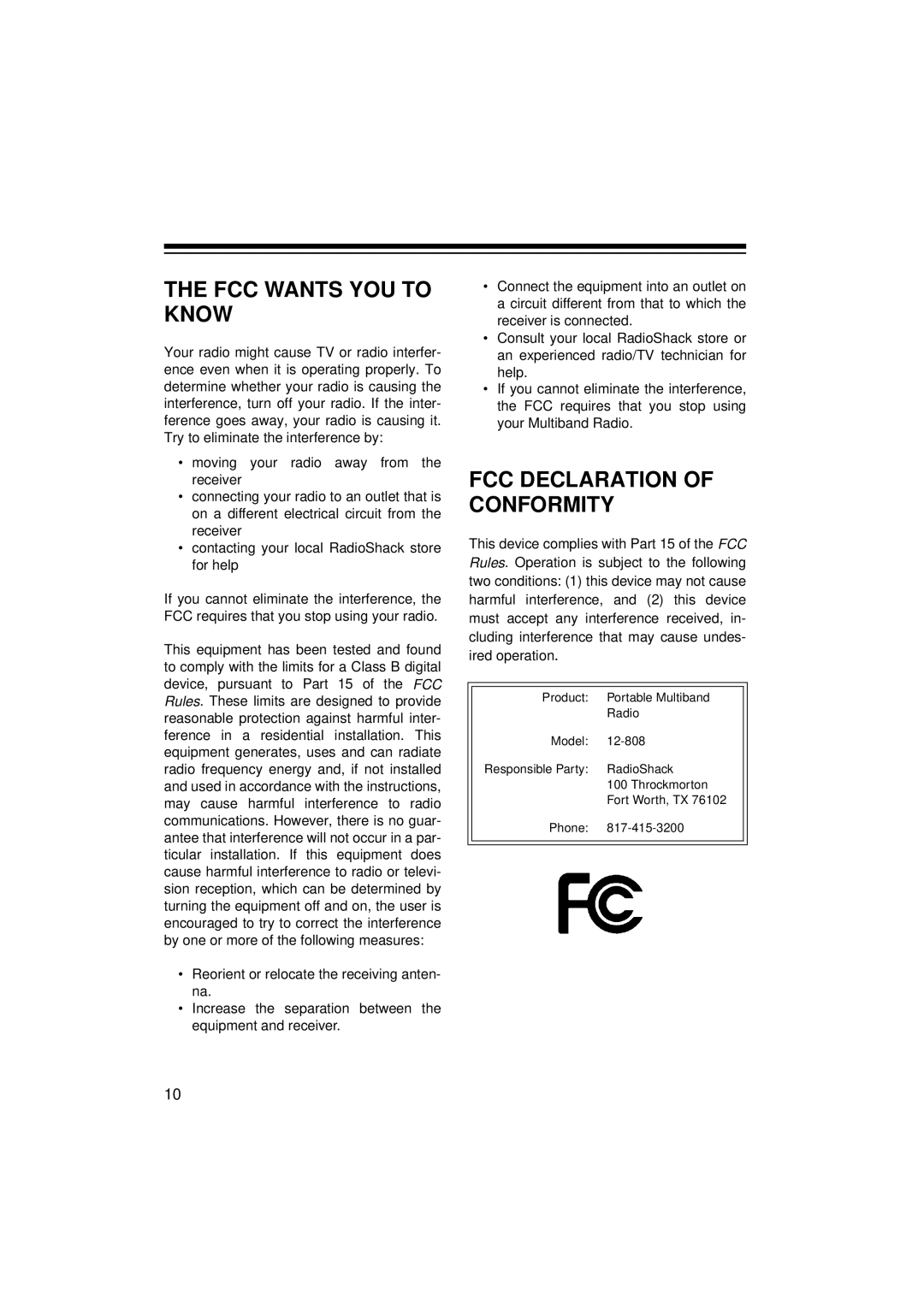 Panasonic 12-808 owner manual FCC Wants YOU to Know, FCC Declaration of Conformity 