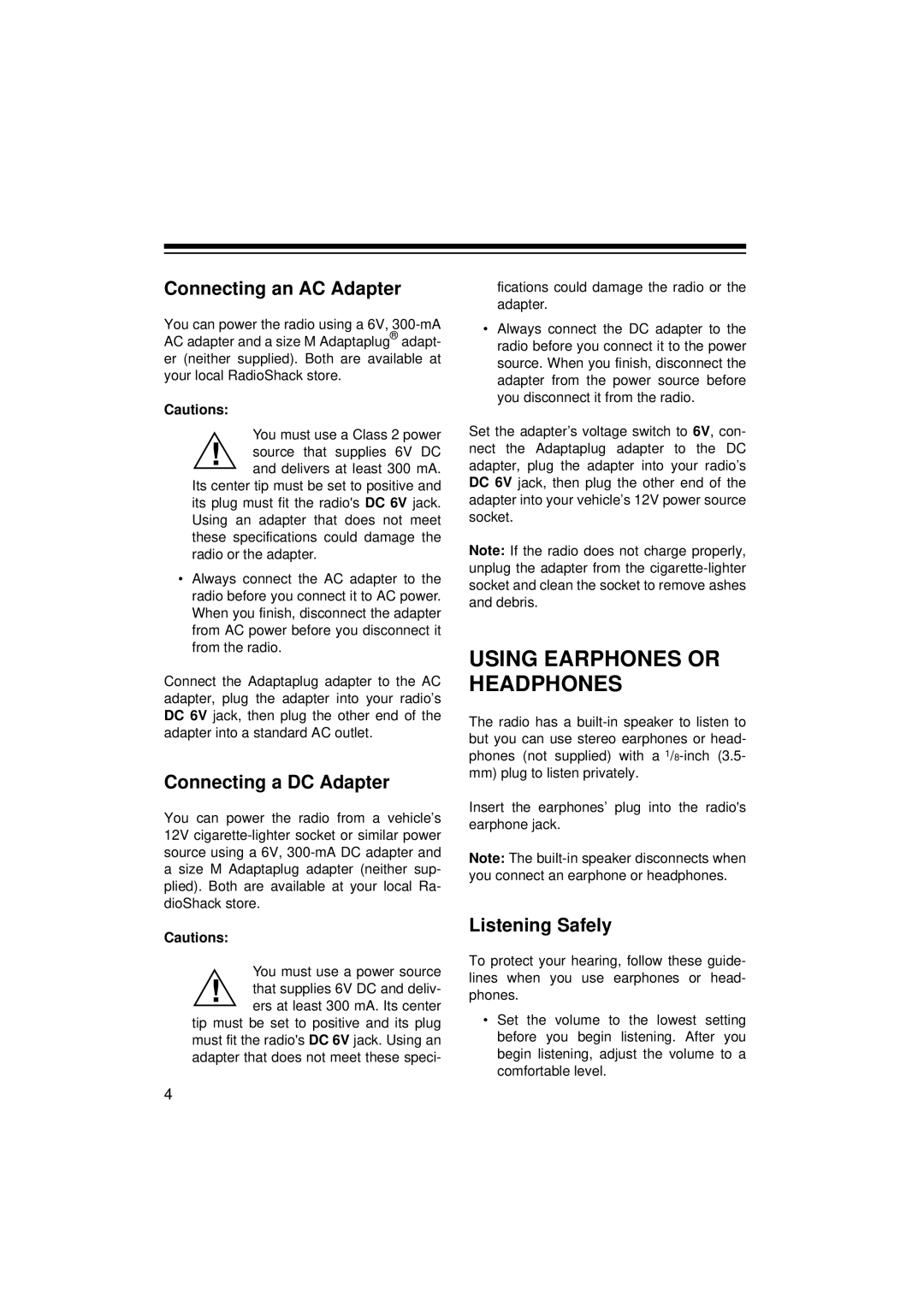 Panasonic 12-808 Using Earphones or Headphones, Connecting an AC Adapter, Connecting a DC Adapter, Listening Safely 