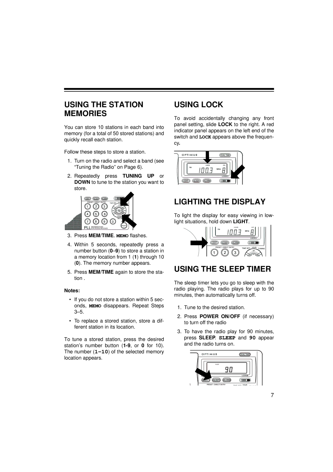 Panasonic 12-808 owner manual Using the Station Memories, Using Lock, Lighting the Display, Using the Sleep Timer 