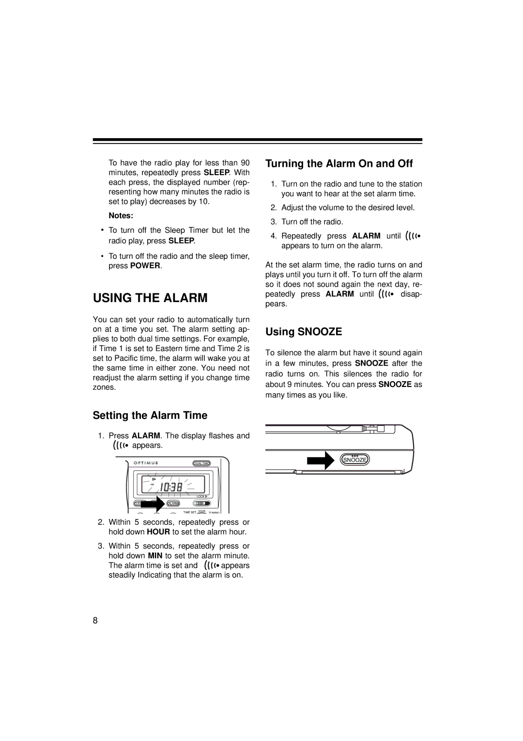 Panasonic 12-808 owner manual Using the Alarm, Setting the Alarm Time, Turning the Alarm On and Off, Using Snooze 