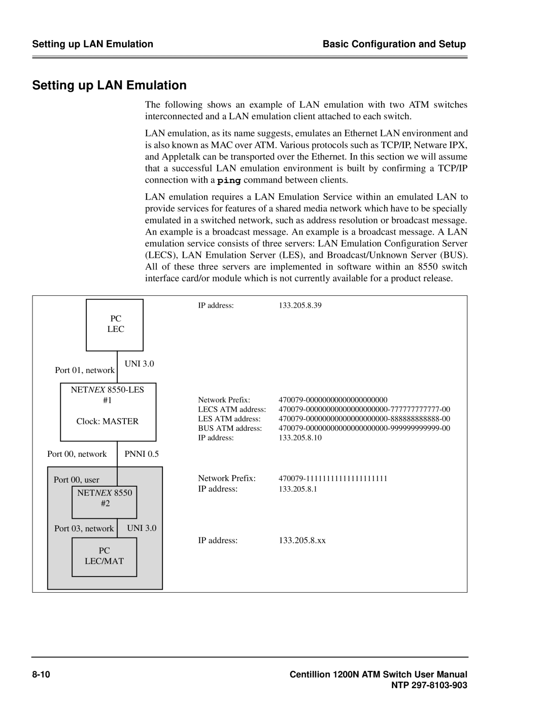 Panasonic 1200N manual Setting up LAN Emulation, Netnex 8550-LES 