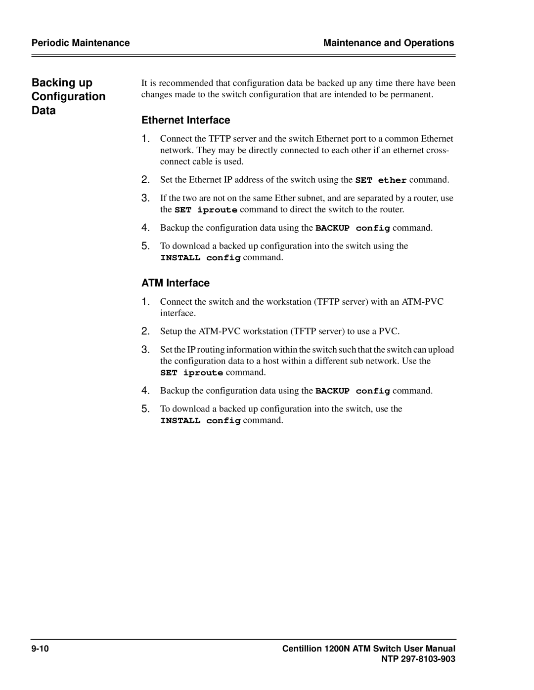 Panasonic 1200N manual Backing up Configuration Data, Ethernet Interface, ATM Interface 