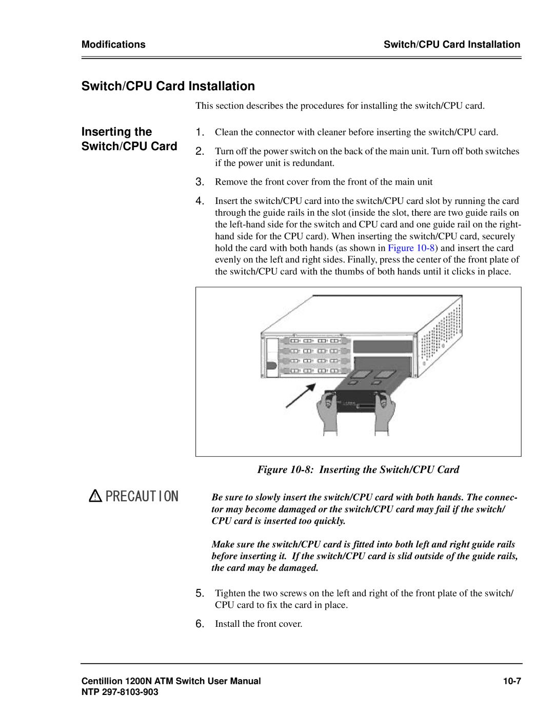 Panasonic 1200N manual Switch/CPU Card Installation, Inserting the Switch/CPU Card 