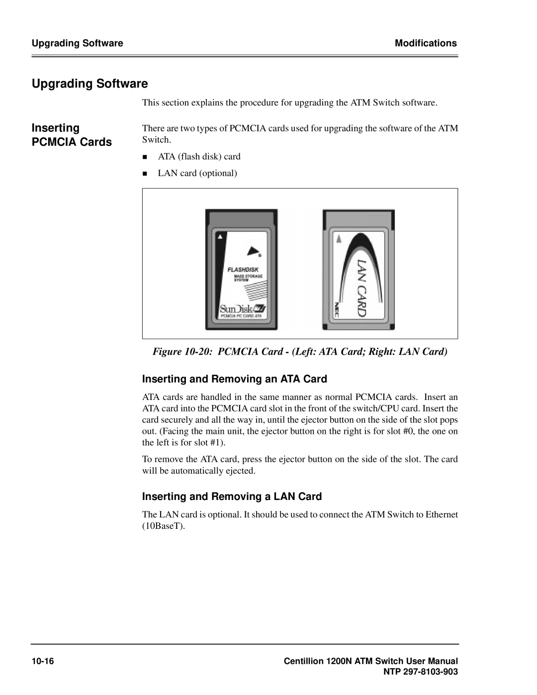 Panasonic 1200N manual Upgrading Software, Inserting Pcmcia Cards, Inserting and Removing an ATA Card 