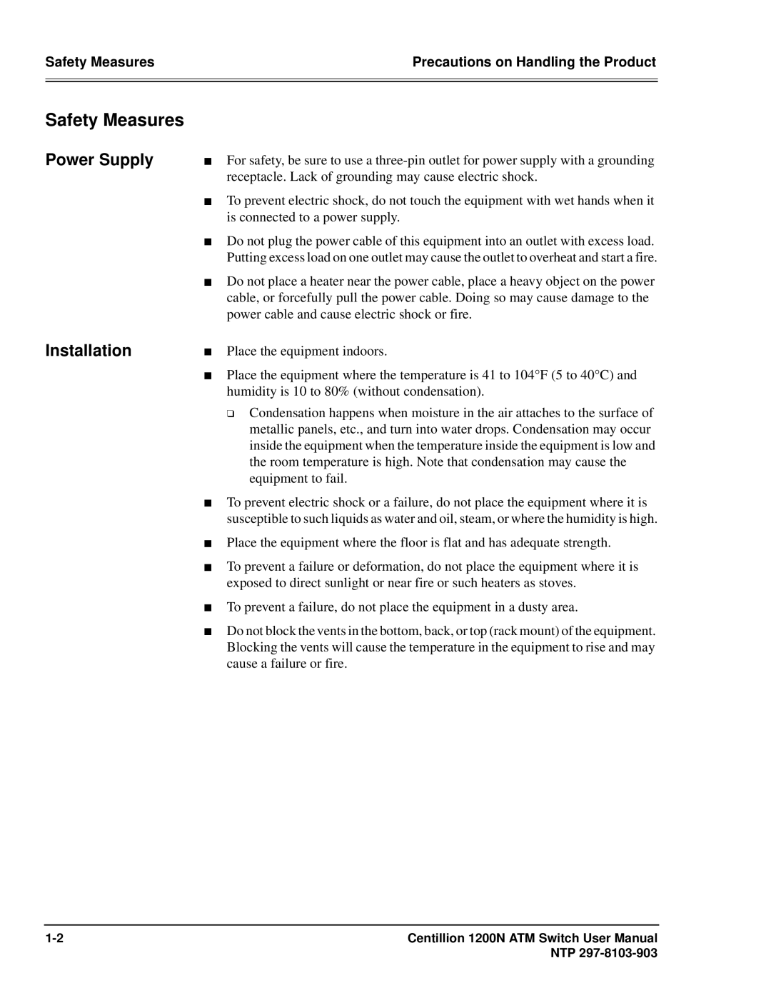 Panasonic 1200N manual Safety Measures, Power Supply Installation 