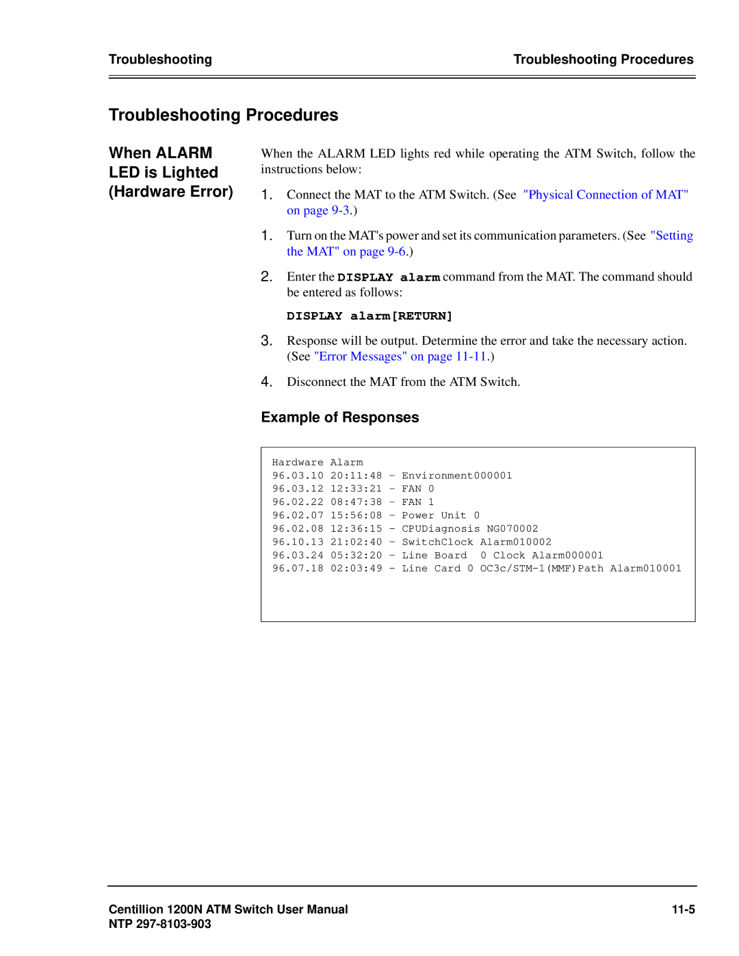 Panasonic 1200N manual Troubleshooting Procedures, When Alarm LED is Lighted Hardware Error, Example of Responses 