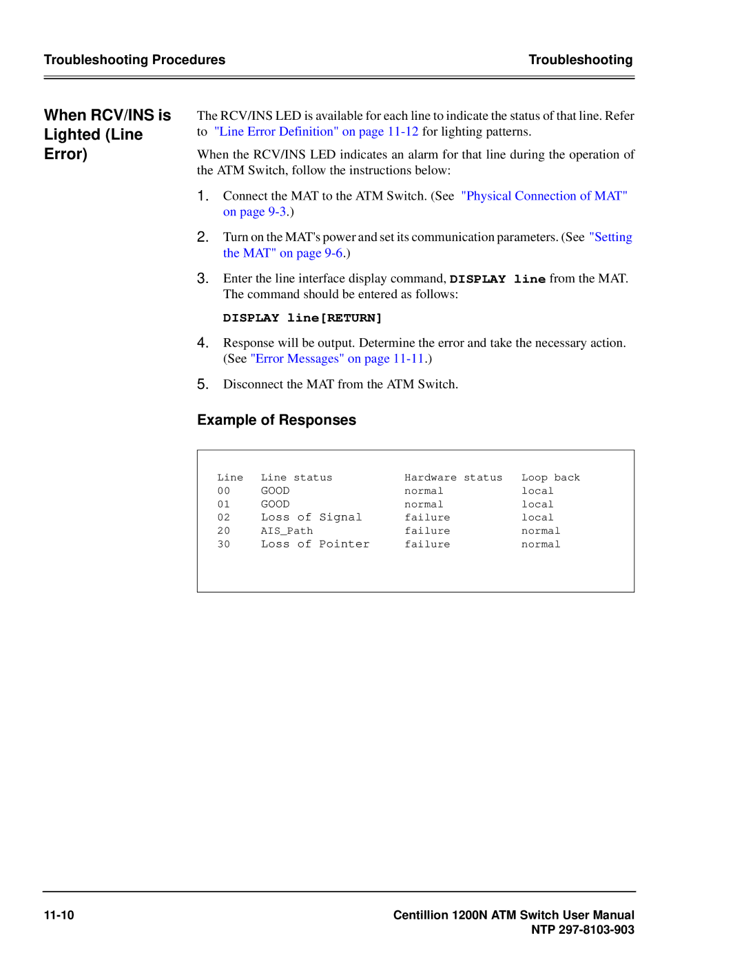 Panasonic 1200N manual When RCV/INS is Lighted Line Error, Example of Responses 