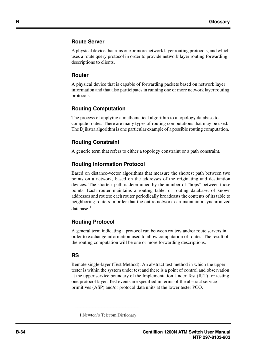 Panasonic 1200N manual Route Server, Router, Routing Computation, Routing Constraint, Routing Information Protocol 