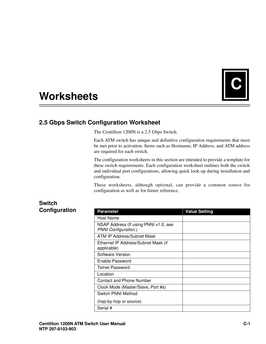 Panasonic 1200N manual Gbps Switch Configuration Worksheet 