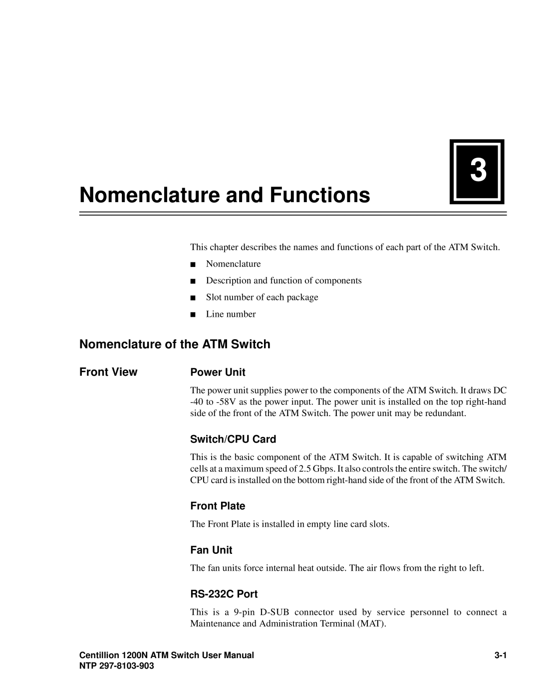 Panasonic 1200N manual Nomenclature of the ATM Switch, Front View 