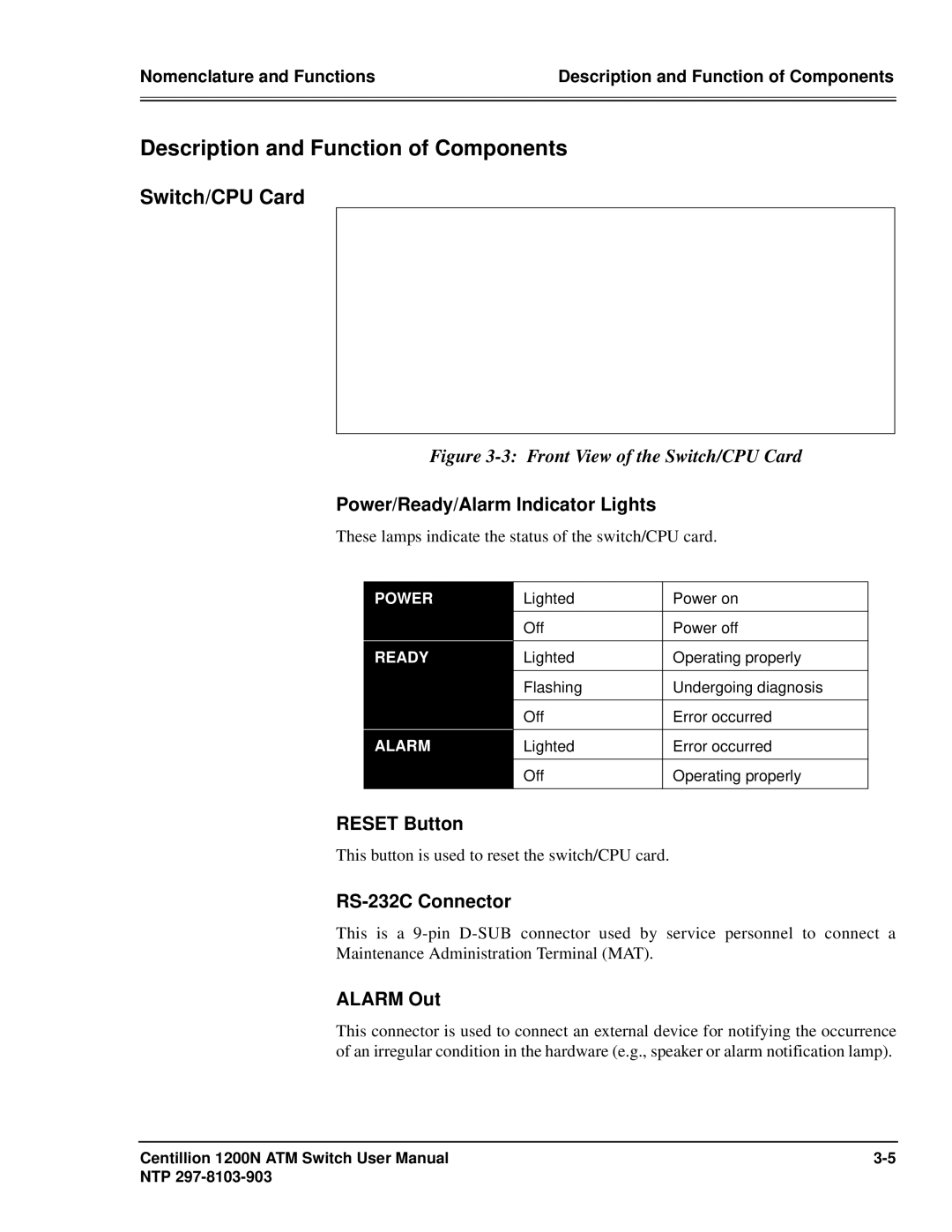 Panasonic 1200N Description and Function of Components, Switch/CPU Card, Power/Ready/Alarm Indicator Lights, Alarm Out 