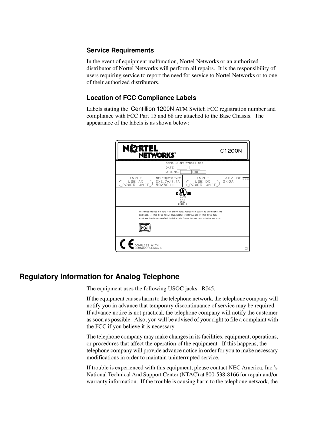 Panasonic 1200N manual Regulatory Information for Analog Telephone, Service Requirements, Location of FCC Compliance Labels 