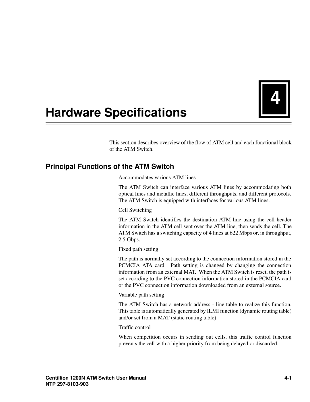 Panasonic 1200N manual Hardware Specifications, Principal Functions of the ATM Switch 