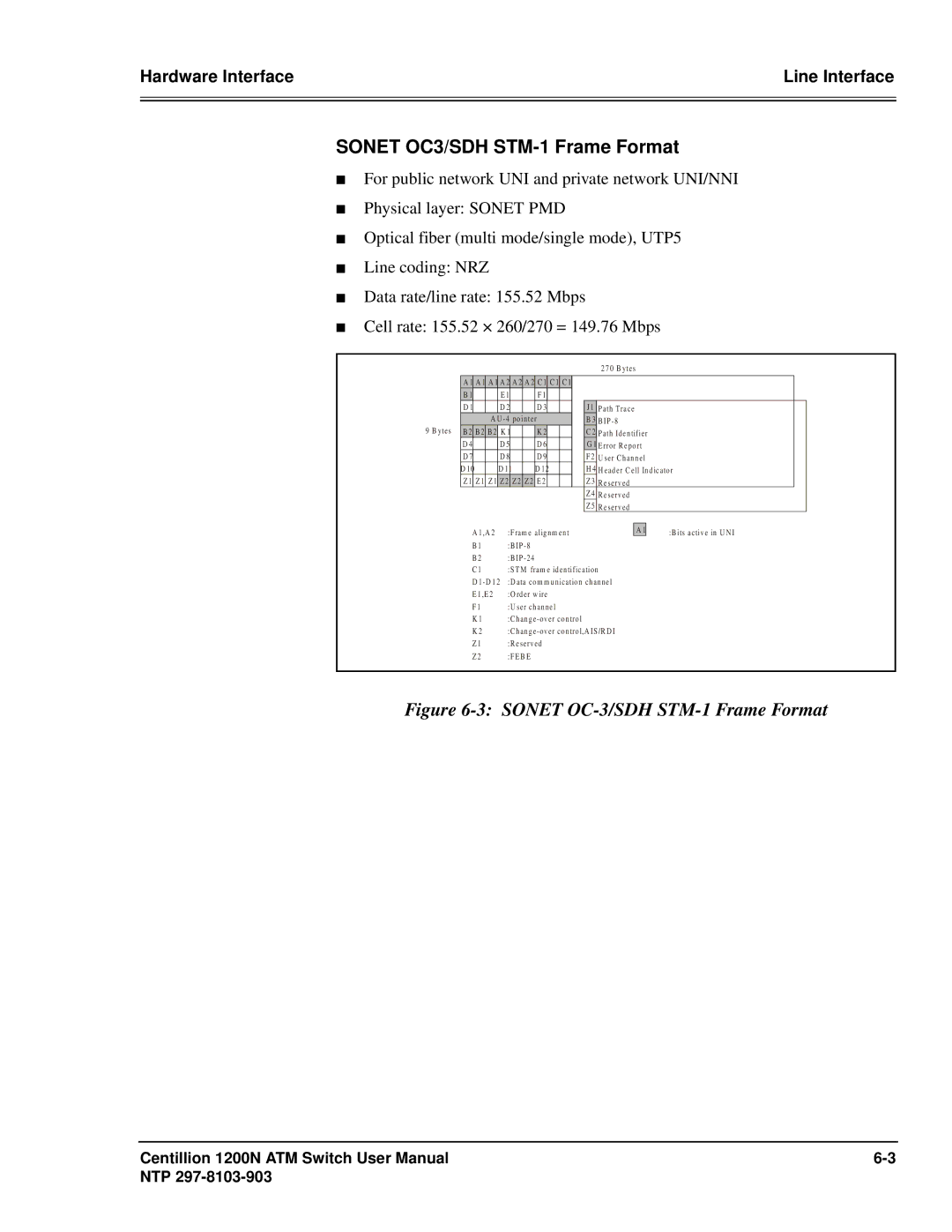 Panasonic 1200N manual Sonet OC3/SDH STM-1 Frame Format, Sonet OC-3/SDH STM-1 Frame Format 