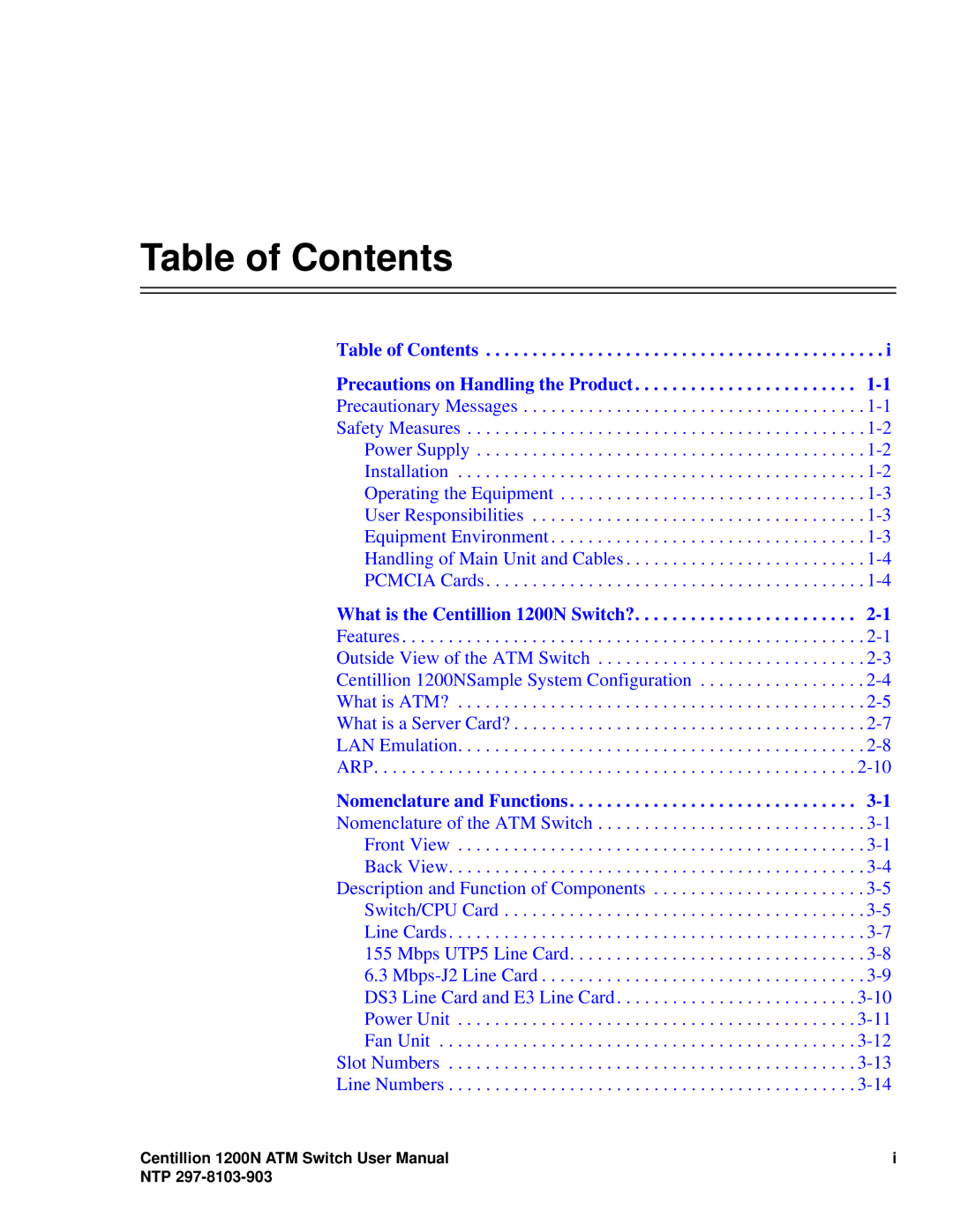 Panasonic 1200N manual Table of Contents 