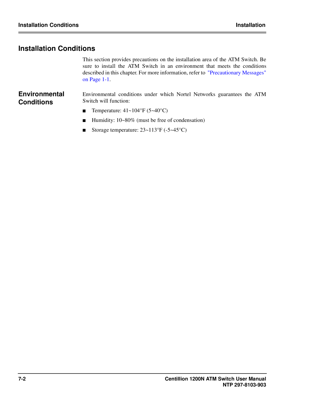 Panasonic 1200N manual Installation Conditions, Environmental Conditions 