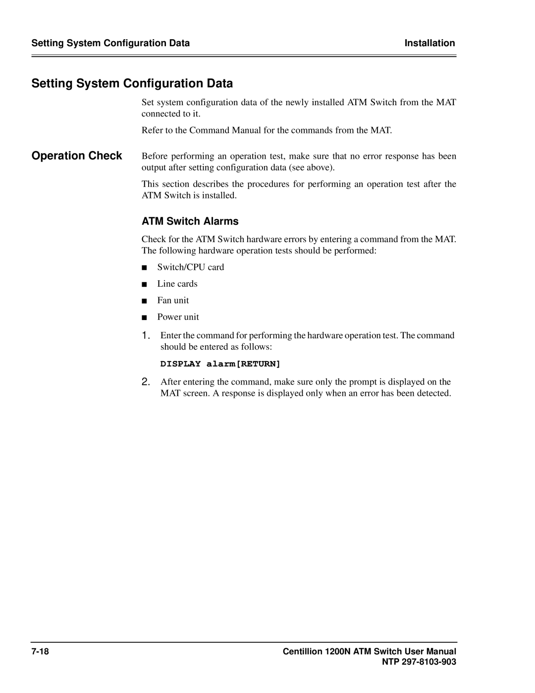 Panasonic 1200N manual Setting System Configuration Data, ATM Switch Alarms 