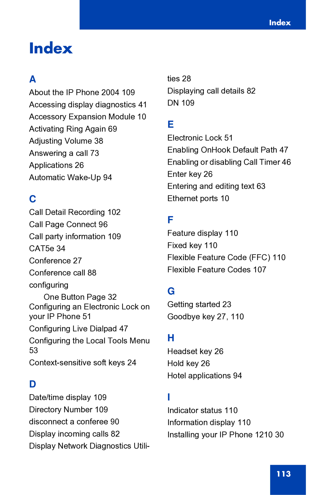 Panasonic 1210 manual Index 