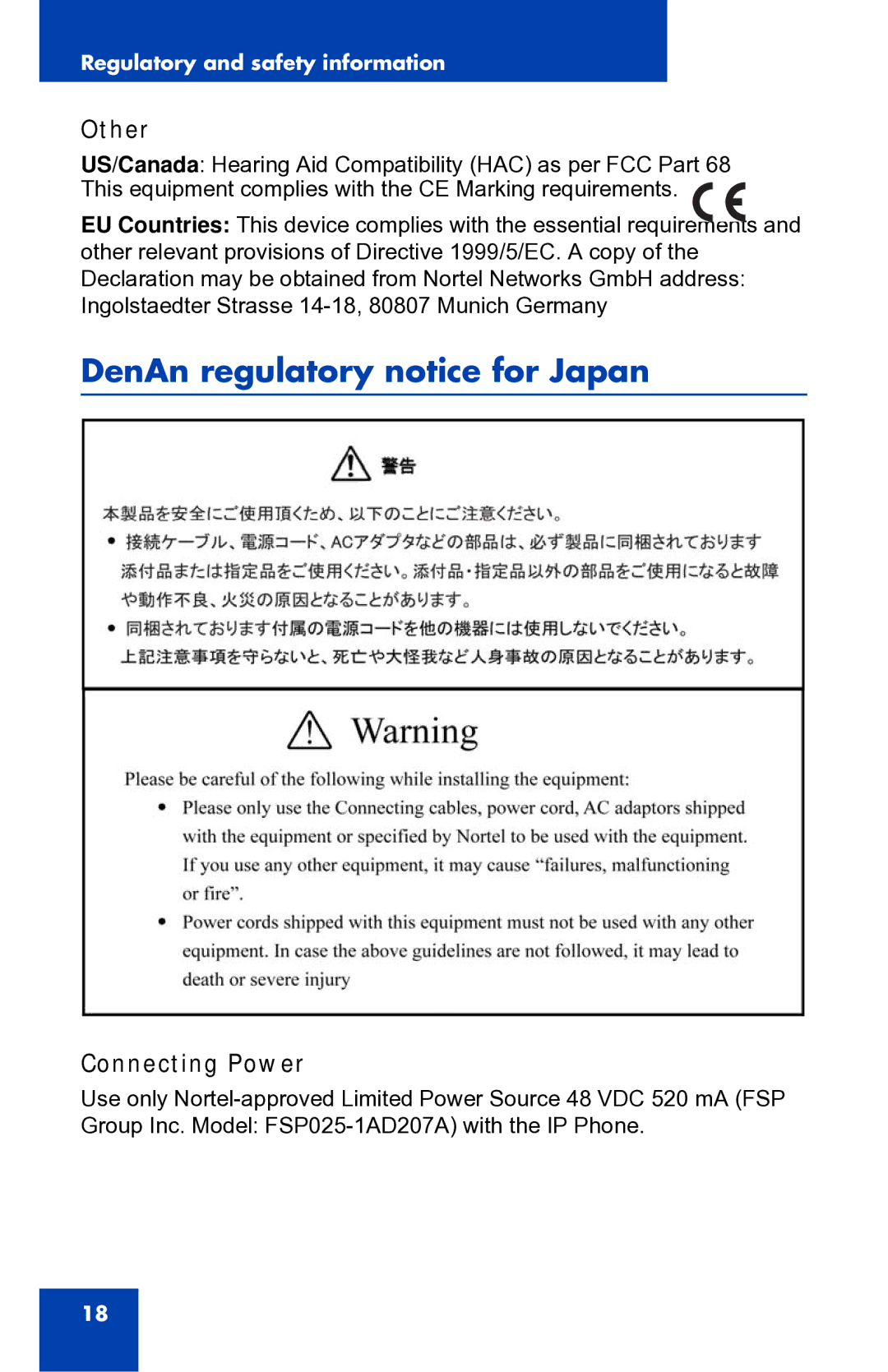 Panasonic 1210 manual DenAn regulatory notice for Japan, Connecting Power 